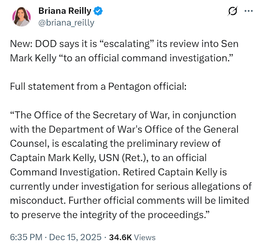 New: DOD says it is escalating its review into Sen Mark Kelly to an official command investigation.
