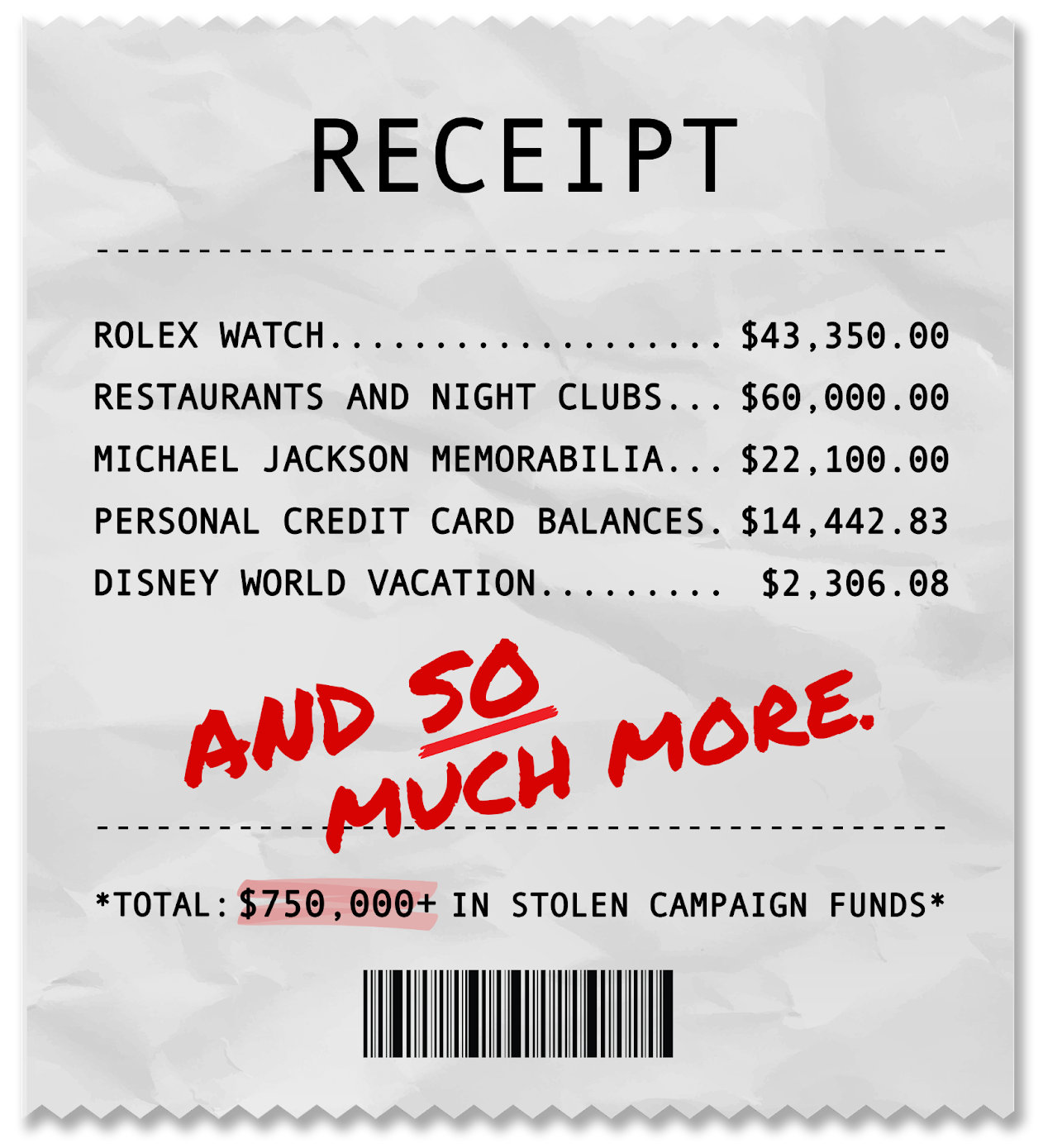 Receipt showing opponent's misuse of campaign expenditures totaling more than $750,000