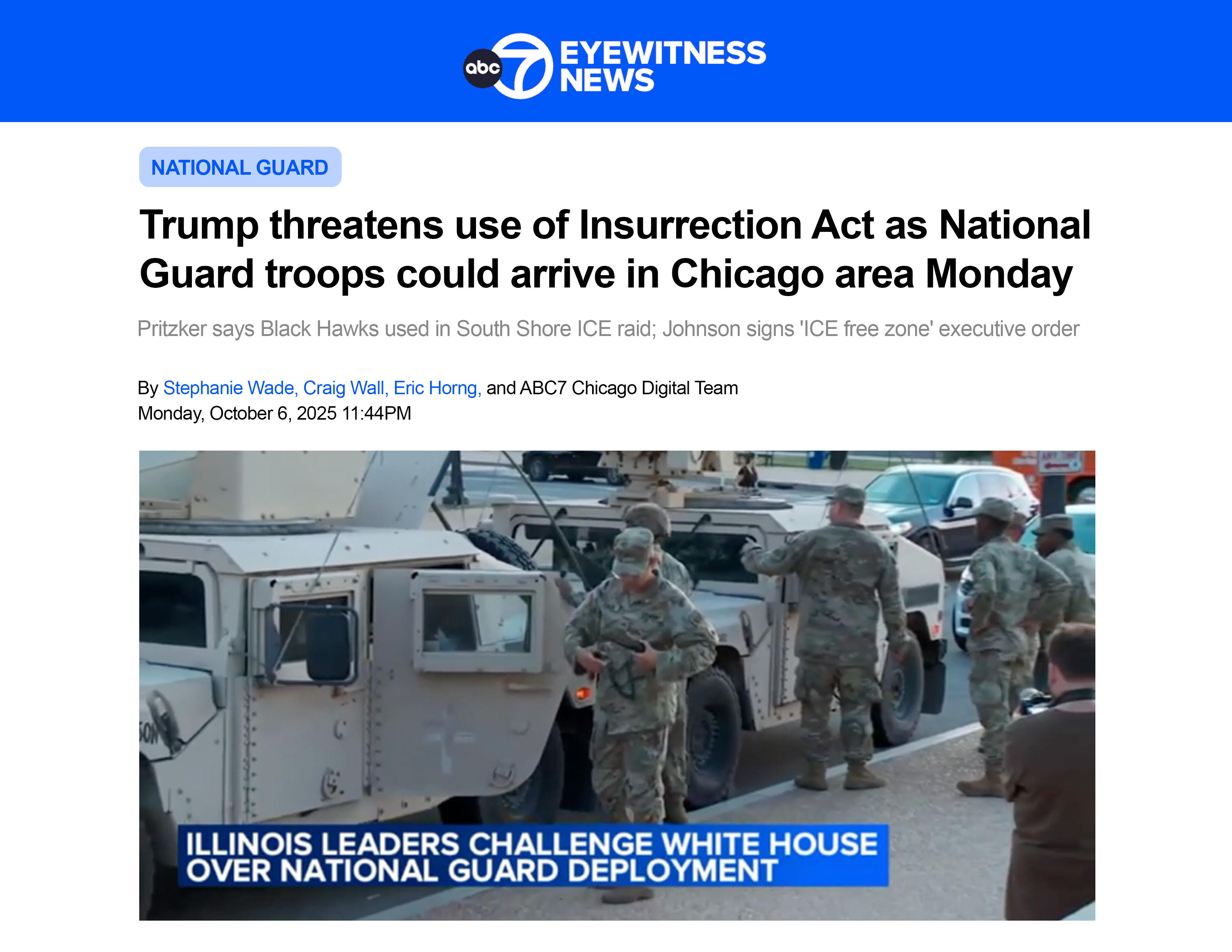 ABC7 Chicago news headline: Trump Threatens use of Insurrection Act as National Guard troops could arrive in Chicago area Monday