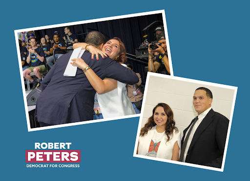 Two photos collaged together:one of Robert giving Delia Ramirez a hug, the other of Robert and Delia posing next to each other